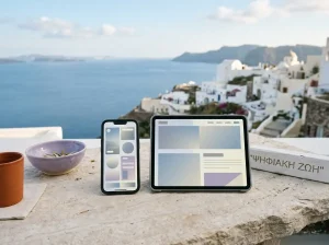 Κινητό τηλέφωνο και tablet πάνω σε φωτεινό τραπέζι με μωβ γεωμετρικά σχήματα στις οθόνες