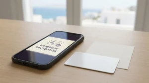 Κινητή συσκευή δίπλα σε ουδέτερη κάρτα ταυτοποίησης χωρίς προσωπικά στοιχεία