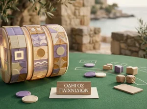 Αφηρημένη σύνθεση με φωτεινά γεωμετρικά πλακίδια και ουδέτερο πράσινο τραπέζι παιχνιδιού