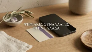 Κινητό τηλέφωνο δίπλα σε ουδέτερη τραπεζική κάρτα πάνω σε ξύλινο γραφείο